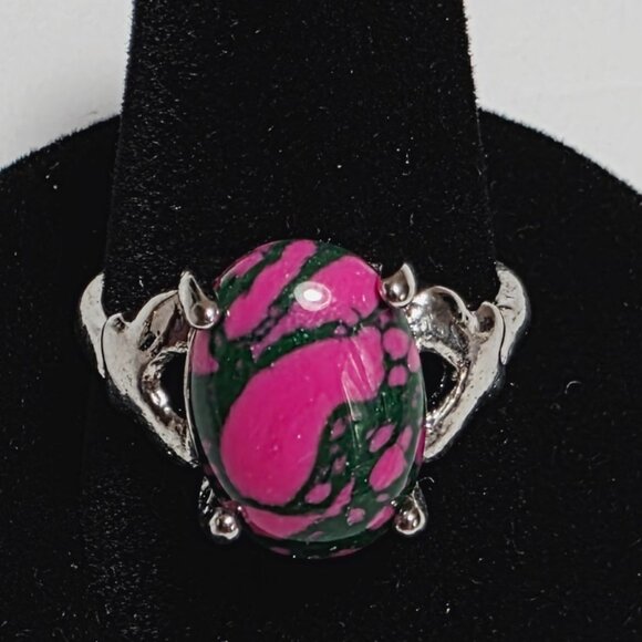 Pink and Green Stone Statement Ring Silver Tone | EU 19 (US 9) - Picture 4 of 6